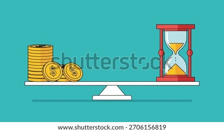 Illustration of a balanced seesaw with a stack of gold coins on one side and an hourglass filled with sand on the other.