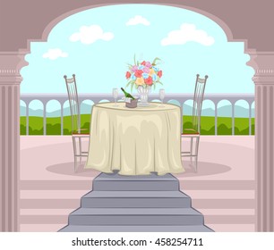 Illustration of a Balcony Prepared for a Romantic Date