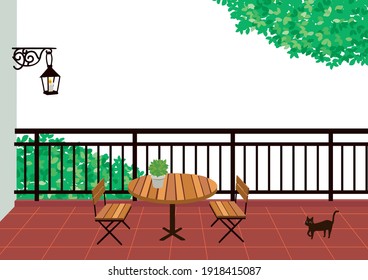 Illustration of a balcony with a table and chairs