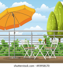 Illustration of a balcony, a terrace with tables and chairs