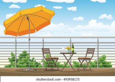 Illustration of a balcony, a terrace with tables and chairs