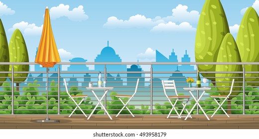 Illustration of a balcony, a terrace with tables and chairs