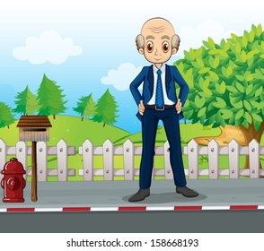 Illustration of a bald business icon standing at the road near the wooden mailbox