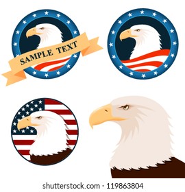 illustration of bald eagle with american flag background. Suitable as sport team mascot, tattoo, logo design or emblem for company identity. Vector eps file.