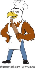 Illustration of a bald eagle baker chef cook standing looking to the side holding rolling pin set on isolated white background done in cartoon style. 