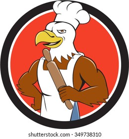 Illustration of a bald eagle baker chef cook holding rolling pin looking to the side  set inside circle done in cartoon style. 