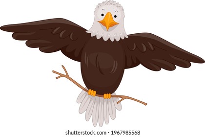 Illustration of a Bald Eagle Bird Flying and Carrying a Stick for Nesting