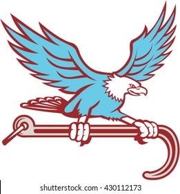 Illustration of a bald eagle clutching towing j hook with its talon viewed from front set on isolated white background done in retro style. 