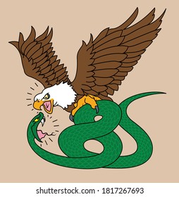An illustration of a bald eagle fighting a snake. 