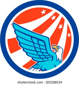 Illustration of a bald eagle flying looking up with american USA stars stripes in the background set inside circle done in retro style.