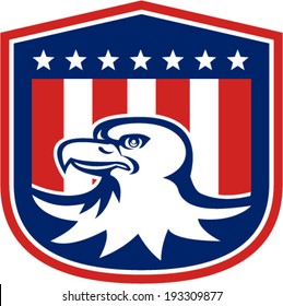 Illustration of a bald eagle head with american stars stripes flag set inside a shield crest done in retro style.