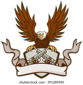 Illustration of a bald eagle holding a shield using its talons with crest containing a crossed 1911 semi-automatic .45 caliber pistol  with scroll ribbon in front done in retro style.