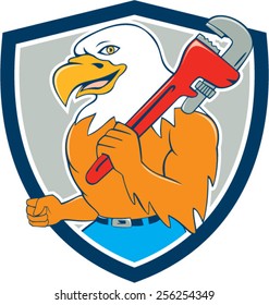 Illustration of a bald eagle plumber smiling holding monkey wrench on shoulder viewed from side set inside shield crest done in cartoon style. 