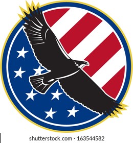 Illustration of a bald eagle soaring flying with american USA stars stripes flag set inside circle on isolated background done in retro style.