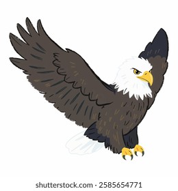 illustration of a bald eagle soaring with wings spread. Ideal for wildlife themed designs and nature related projects.