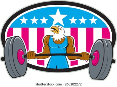 Illustration of a bald eagle weightlifter lifting barbell looking to the side set inside oval with american stars and stripes in the background done in cartoon style. 