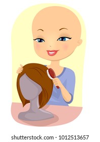 Illustration of a Bald Girl Brushing Her Wig on a Mannequin