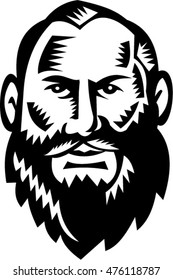 Illustration of a bald head big bearded male man facing front set on isolated white background done in retro woodcut style. 