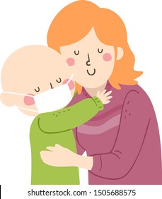 Illustration Of A Bald Kid Wearing Face Mask, Sick With Cancer And Hugging Her Mother