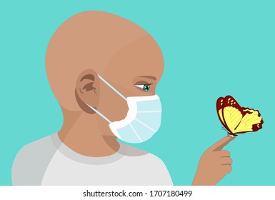 Illustration Of A Bald Kid Wearing Face Mask, Sick With Cancer And Looking At The Butterfly. Isolated On Blue Background