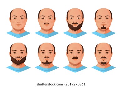 Ilustração de avatares masculinos carecas mostrando diferentes estilos de pelos faciais, incluindo barbas, bigodes e cavanhaque. Personalização de caracteres.