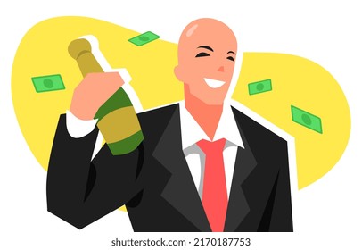 illustration of bald male businessman celebrating success with wine, alcoholic drink. yellow background and money rain. suitable for business theme, success, party, etc. flat vector