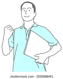 Illustration of a bald man holding a laptop posing with a fist