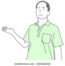 Illustration of a bald man in a shirt explaining