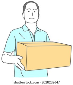 Illustration of a bald man in a shirt holding a cardboard box