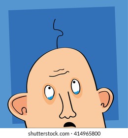 Illustration of a bald man with tears in his eyes as he looks up at the one remaining hair on his head