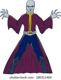 Illustration of a bald sorcerer facing front casting spell set on isolated white background done in cartoon style. 