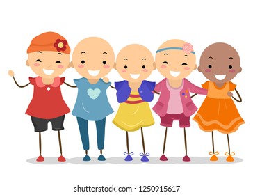 Illustration of Bald Stickman Kids Together with Alopecia