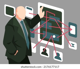 illustration of a bald-headed detective looking for ways and solutions in solving cases. crime chart board. investigation. flat vector style