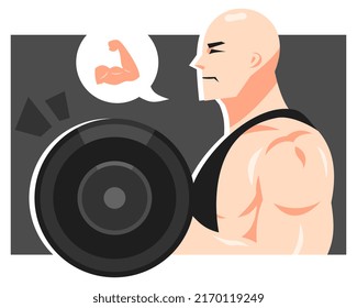 Illustration Of A Bald-headed Man Lifting A Big Barbell. Burly Man. Side View. Equipped With Hand Muscle Icon. Suitable For The Theme Of Gym, Sports, Health, Body Building, Etc. Flat Vector