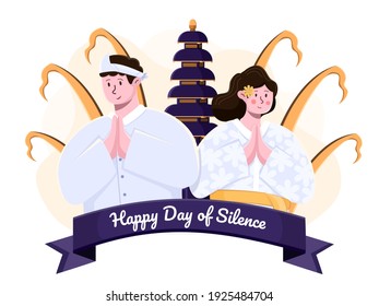 Illustration Bali Day of Silence or Hari raya nyepi with Balinese people wear traditional clothes. Greeting happy nyepi day or happy day of silence and Saka new year. Indonesian public holiday nyepi.