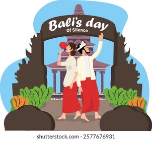 Illustration of Bali Nyepi day background with two people praying and holding flowers in front of a gate