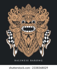 Illustration of a Balinese Barong mask with high vector detail and decorated with ornaments on the accessories in monochrome style