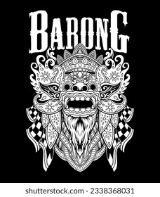 Illustration of a Balinese Barong mask with high vector detail and decorated with ornaments on the accessories in monochrome style