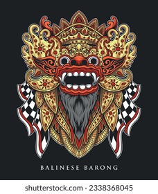 Illustration of a Balinese Barong mask with high vector detail and decorated with ornaments on the accessories in