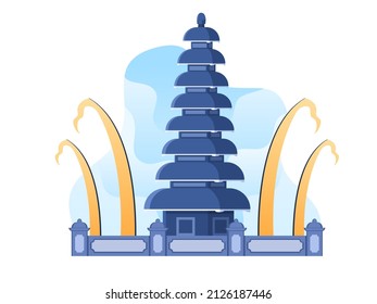 Illustration Of Balinese Hindu Traditional Building Gate And Temple. Bali Day Of Silence Celebrate. Indonesia Bali Landmark Architecture. Can Use For Web, Print, Banner, Poster, Animation, Etc