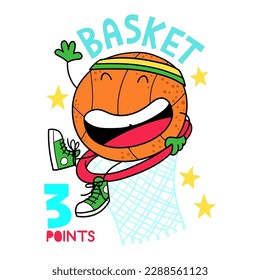  Illustration of a ball of basketball smiling and sitting in a basketball basket, retro drawing, design for t-shirts