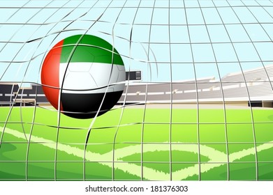 Illustration of a ball hitting a goal with the United Arab Emirates flag