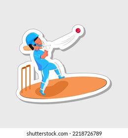 Illustration von Ball Hitting Männchen Batter Player auf grauem und orangefarbenem Hintergrund im Stickerstil.