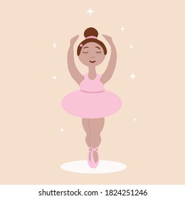 illustration of a ballerina girl in a pink tutu on a beige background with stars