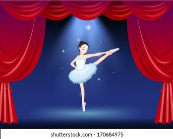 Illustration of a ballerina at the stage with a red curtain