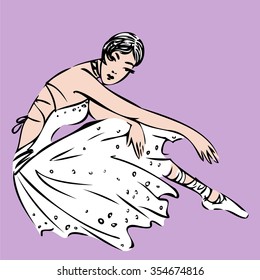 Illustration of the ballerina in white dress with violet background.