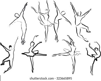 illustration with ballet dancer outlines isolated on white background