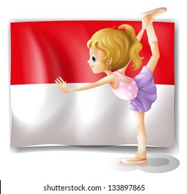 Illustration of a ballet dancer performing in front of the Indonesian flag on a white background