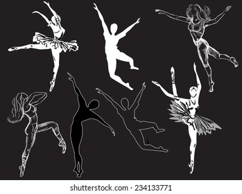 illustration with ballet dancer silhouettes isolated on dark background