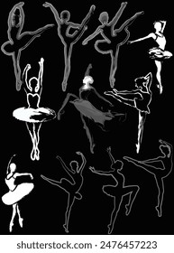 illustration with ballet dancer silhouettes isolated on black background